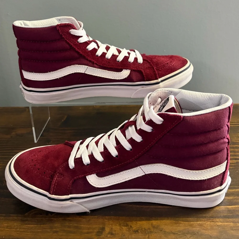 Vans SK8-HI Men's High-Top Sneakers - Burgundy and White Men’s 8.5 Women’s 10